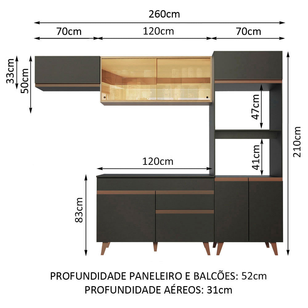 Armário de Cozinha Completa 260cm Preto/Rustic Reims Madesa 01 - Madesa ...