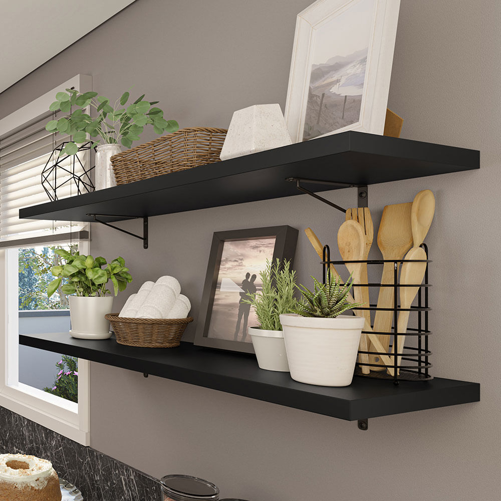 Kit 2 Prateleiras Suspensas para Cozinha Madesa 80 cm com Mão Francesa Preto