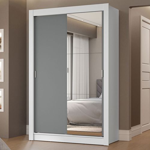 Guarda-Roupa Solteiro 2 Portas de Correr com Espelho 2 Gavetas Branco/Cinza Vivare Madesa