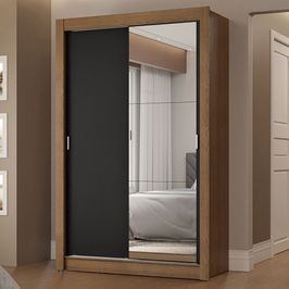 Guarda-Roupa Solteiro 2 Portas de Correr com Espelho 2 Gavetas Rustic/Preto Vivare Madesa
