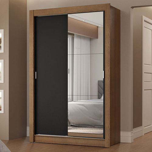Guarda-Roupa Solteiro 2 Portas de Correr com Espelho 2 Gavetas Rustic/Preto Vivare Madesa