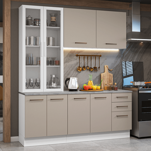 Armário de Cozinha Compacta 190cm com Cristaleira Branco/Crema Agata Madesa 01