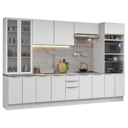 Armário de Cozinha Completa 340cm Branco/Branco Veludo Lux Madesa