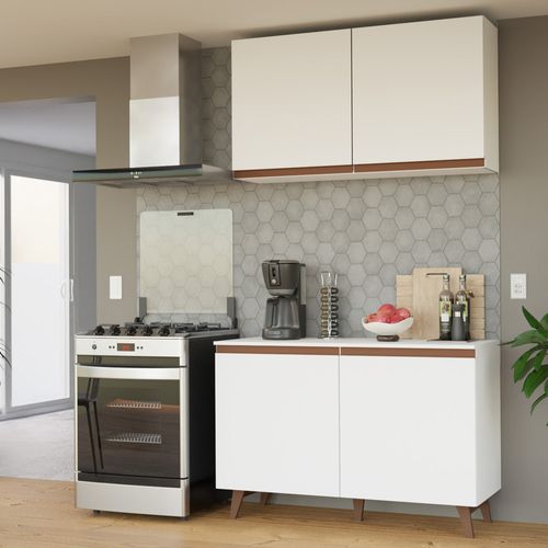 Kit Madesa Reims 120 cm com Armário Aéreo e Balcão Gabinete de Pia Branco