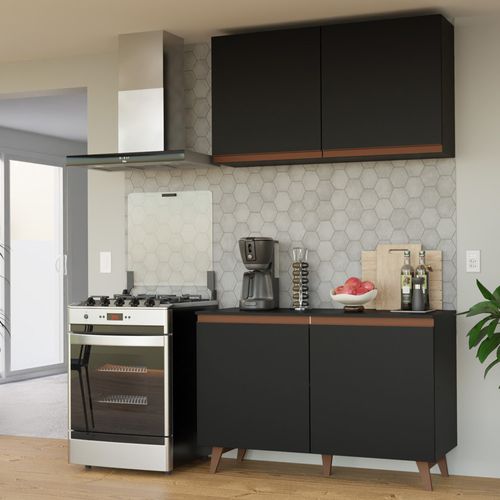 Kit Madesa Reims 120 cm com Armário Aéreo e Balcão Gabinete de Pia Preto