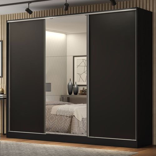 Guarda-Roupa Casal 100% MDF Madesa Royale 3 Portas de Correr com Espelho Preto