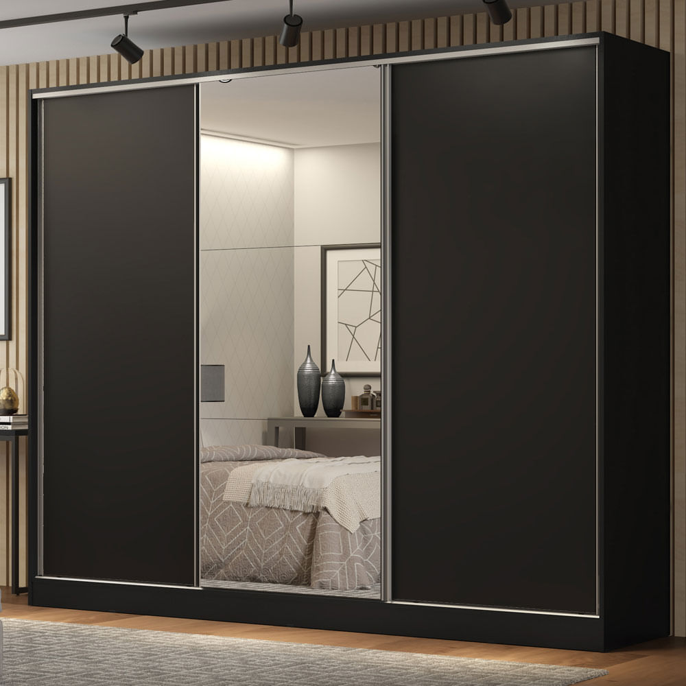 Guarda-Roupa Casal 100% MDF Madesa Royale 3 Portas de Correr com Espelho Preto