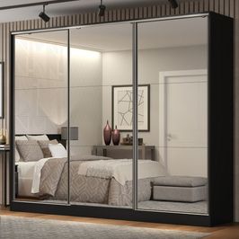 Guarda-Roupa Casal 100% MDF Madesa Royale 3 Portas de Correr de Espelho Preto