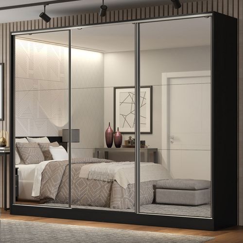 Guarda-Roupa Casal 100% MDF Madesa Royale 3 Portas de Correr de Espelho Preto