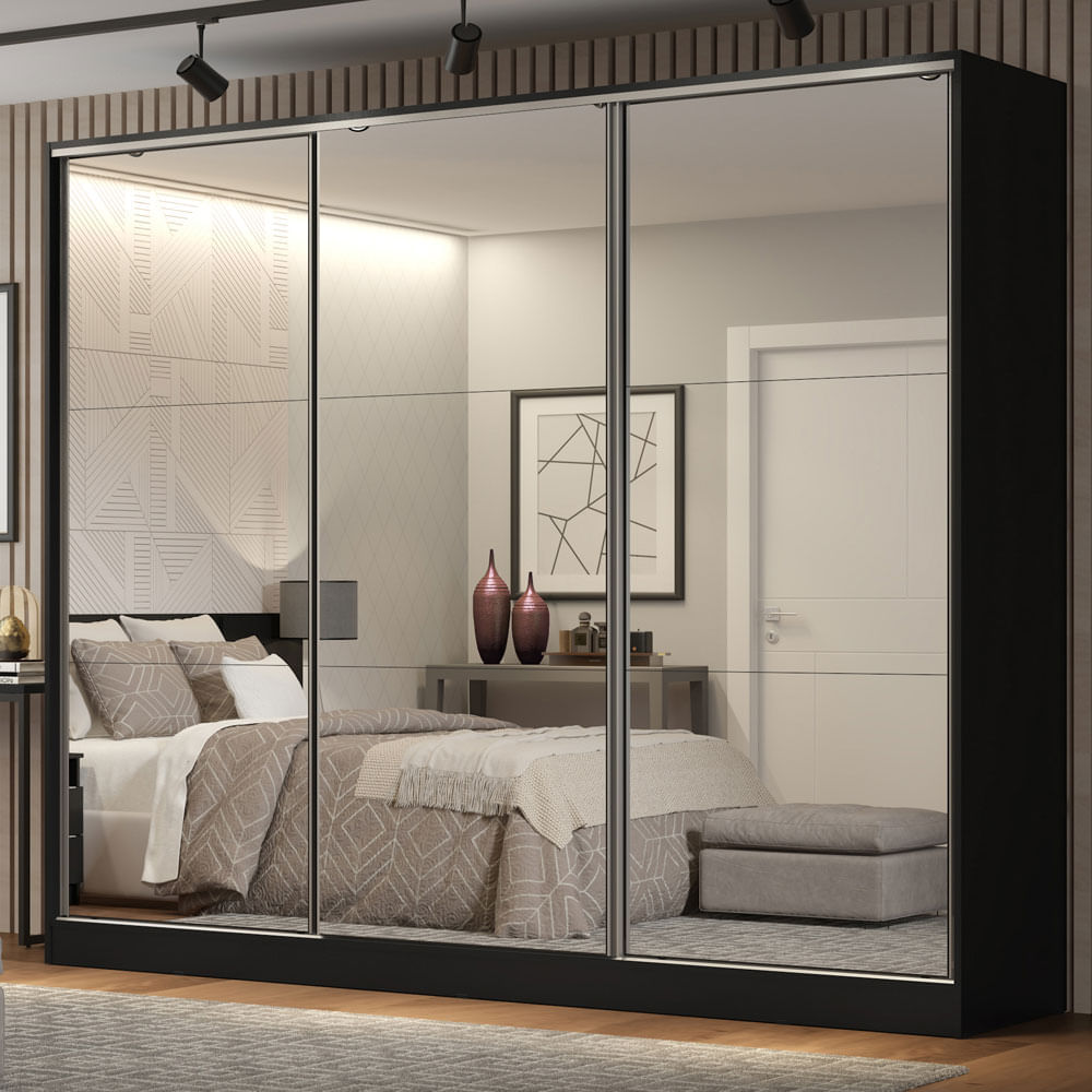 Guarda-Roupa Casal 100% MDF Madesa Royale 3 Portas de Correr de Espelho Preto