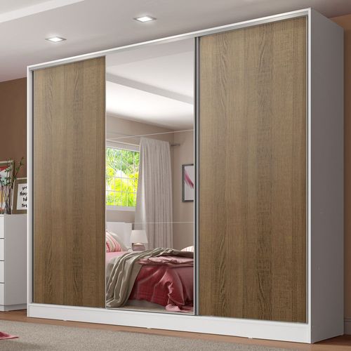 Guarda-Roupa Casal 100% MDF Madesa Royale 3 Portas de Correr com Espelho Branco/Rustic