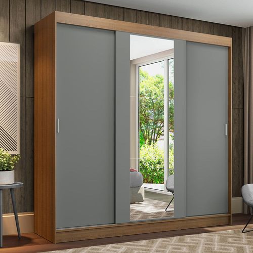 Guarda-Roupa Casal Madesa Reno 3 Portas de Correr com Espelho Rustic/Cinza