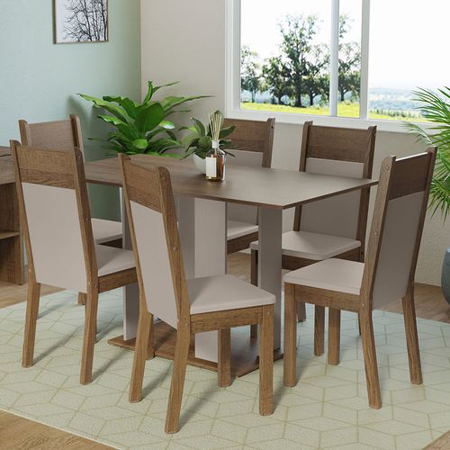 Conjunto Sala de Jantar Mesa Tampo de Madeira 6 Cadeiras Crema/Rustic/Bege Beatriz Madesa XP