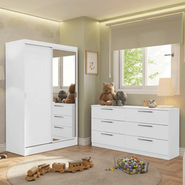 Quarto Infantil Completo Guarda Roupa 2 Portas 2 Gavetas com Espelho e Cômoda Madesa​