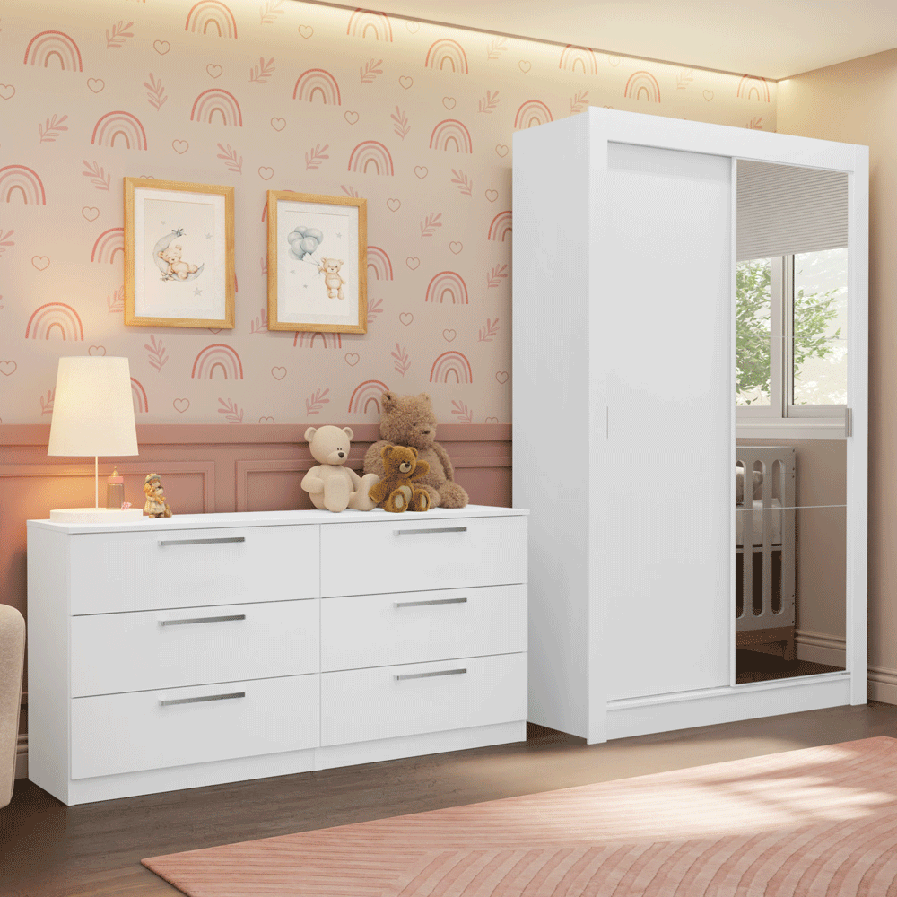 Conjunto Quarto Infantil com Guarda Roupa 2 Portas com Espelho e Cômoda Madesa​