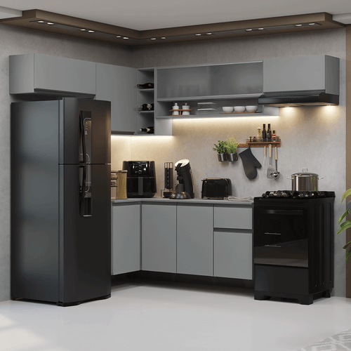 Armário de Cozinha Completa de Canto Suspenso 405cm Cinza Nice Madesa 03