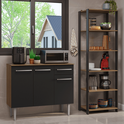 Kit Cozinha Balcão Gabinete 3 Portas 1 Gaveta e Armário Cozinha Despensa 5 Prateleiras Preto/Rustic