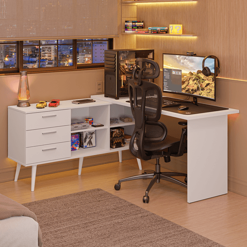 Escrivaninha Em L Mesa Para Computador Gamer 3 Gavetas Branco Lisboa Madesa