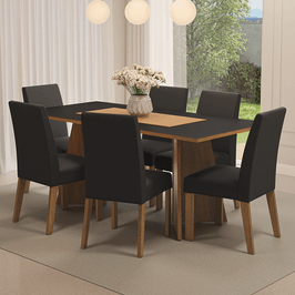 Conjunto Sala de Jantar Mesa Tampo de Madeira 6 Cadeiras Rustic/Preto/Oxford Simone Madesa
