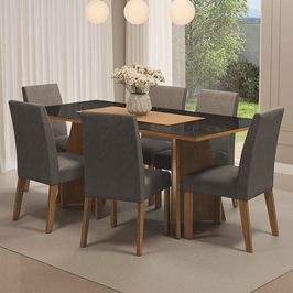 Conjunto Sala de Jantar Mesa Tampo de Vidro 6 Cadeiras Rustic/Preto/Silver Valerie Madesa