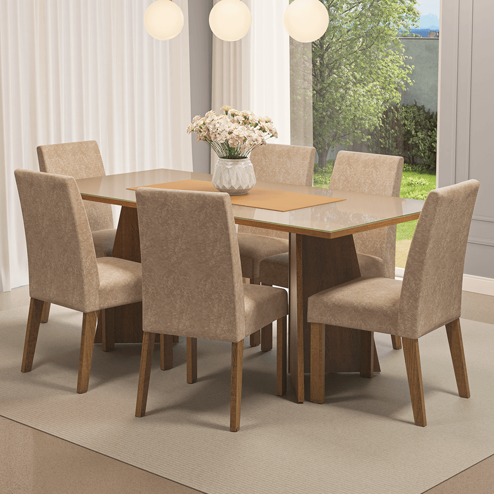 Conjunto Sala de Jantar Mesa Tampo de Vidro 6 Cadeiras Rustic/Crema/Imperial Valerie Madesa
