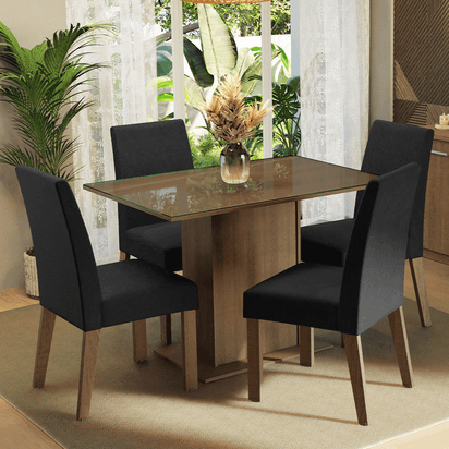 Conjunto Sala de Jantar Mesa Tampo de Vidro 4 Cadeiras Rustic