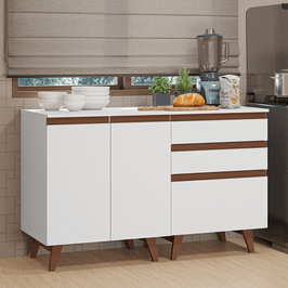 Kit com Dois Balcões de Cozinha 2 Portas 3 Gavetas (com tampo) Branco Reims Madesa