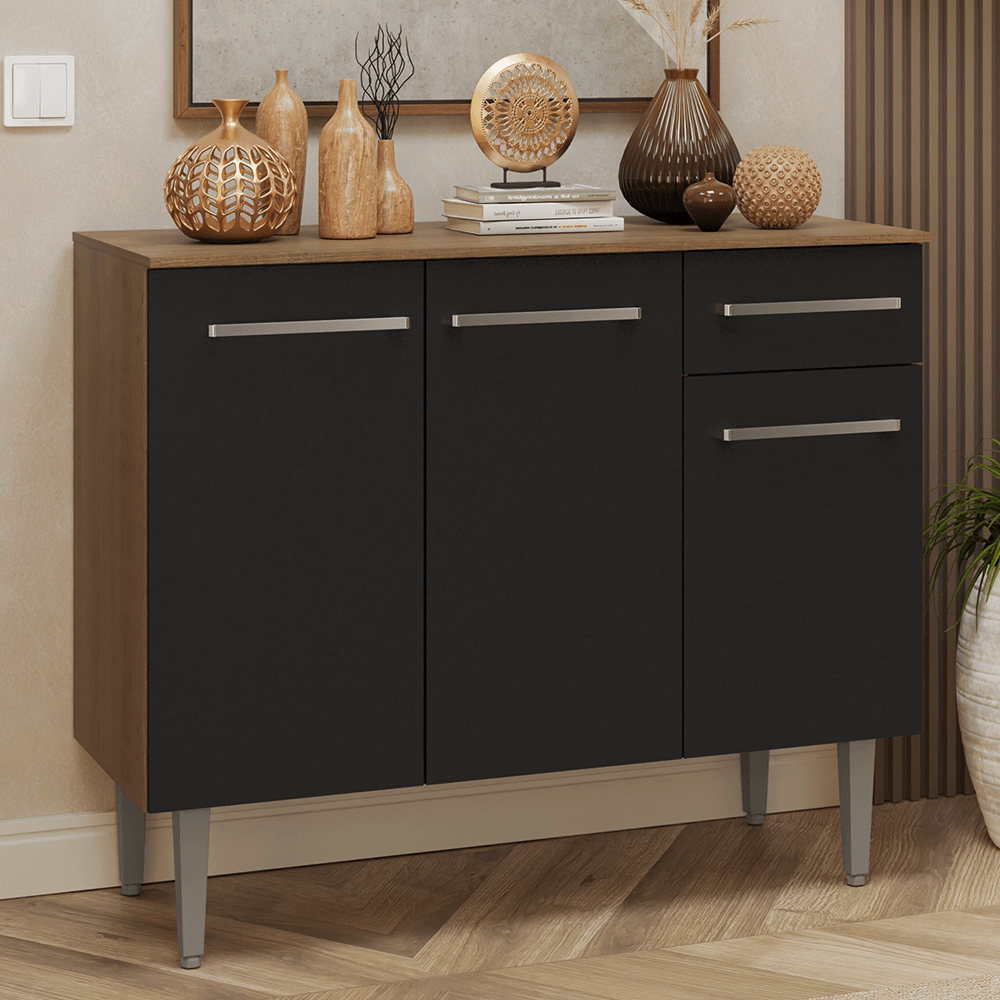Buffet Aparador 105cm 3 Portas e 1 Gaveta Rustic/Preto Madesa