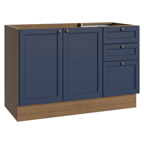 Balcão de Pia 120 x 60 cm 2 Portas 3 Gavetas (Sem Tampo) Rustic/Azul Vik Madesa