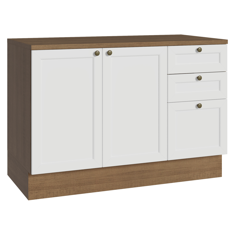 Balcão de Cozinha 120 x 60 cm 2 Portas 3 Gavetas (Com Tampo) Rustic/Branco Vik Madesa