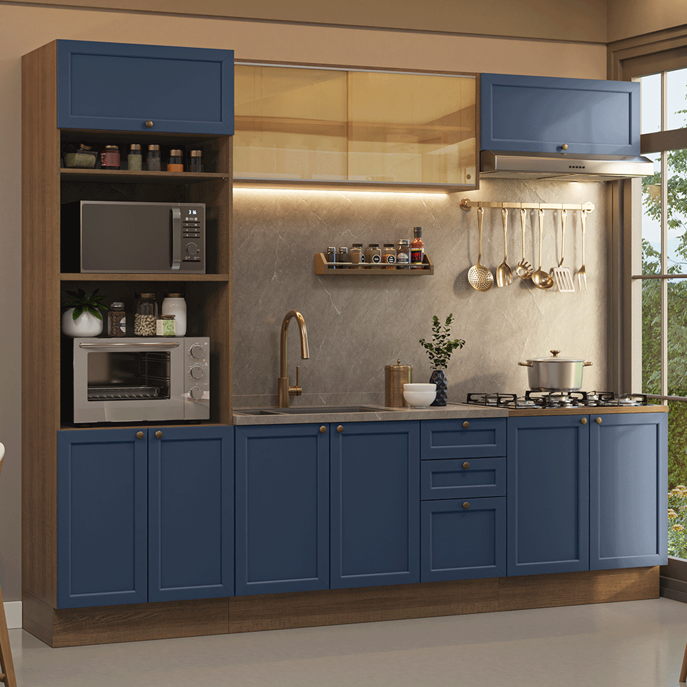 Armário de Cozinha Completa 270 cm Rustic/Azul Vik Madesa 02