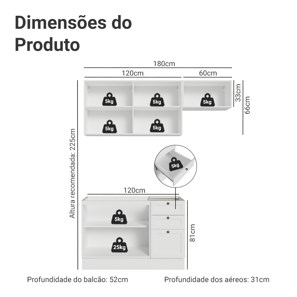 Armário de Cozinha Compacta 180 cm Branco Vik Madesa 02 - Madesa