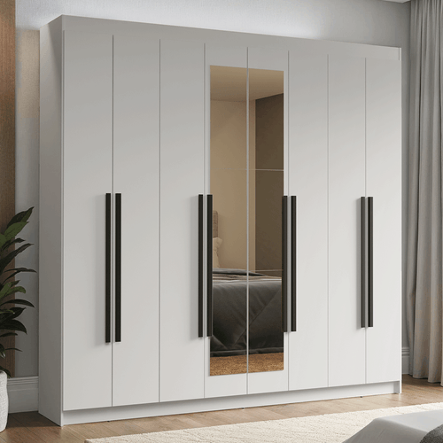 Guarda-Roupa Casal 8 Portas Batentes com Espelho Branco/Branco/Preto Venus Madesa