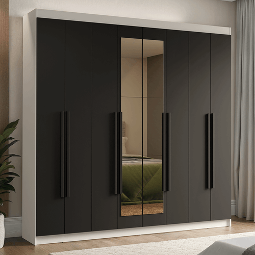 Guarda-Roupa Casal 8 Portas Batentes com Espelho Branco/Preto/Preto Venus Madesa