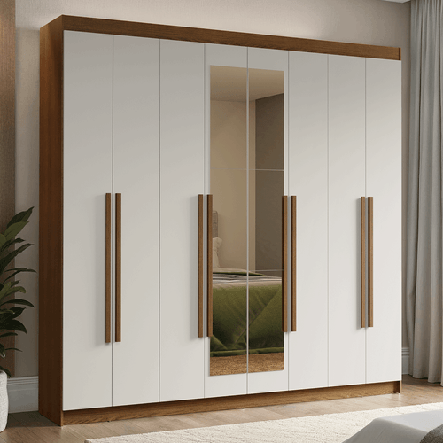 Guarda-Roupa Casal 8 Portas Batentes com Espelho Rustic/Branco/Rustic Venus Madesa