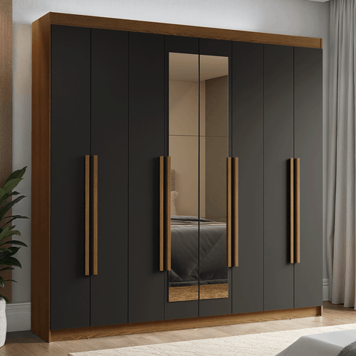 Guarda-Roupa Casal 8 Portas Batentes com Espelho Rustic/Preto/Rustic Venus Madesa
