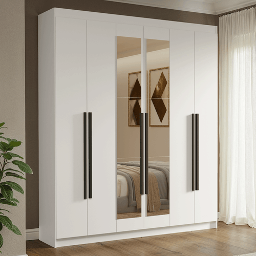 Guarda-Roupa Casal 6 Portas Batentes com Espelho Branco/Branco/Preto Venus Madesa
