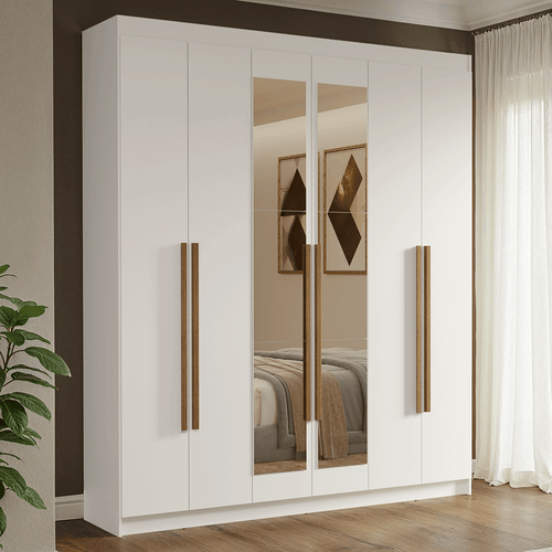 Guarda-Roupa Casal 6 Portas Batentes com Espelho Branco/Branco/Rustic Venus Madesa