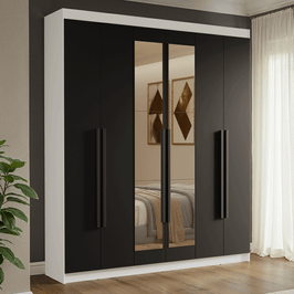 Guarda-Roupa Casal 6 Portas Batentes com Espelho Branco/Preto/Preto Venus Madesa