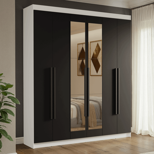 Guarda-Roupa Casal 6 Portas Batentes com Espelho Branco/Preto/Preto Venus Madesa