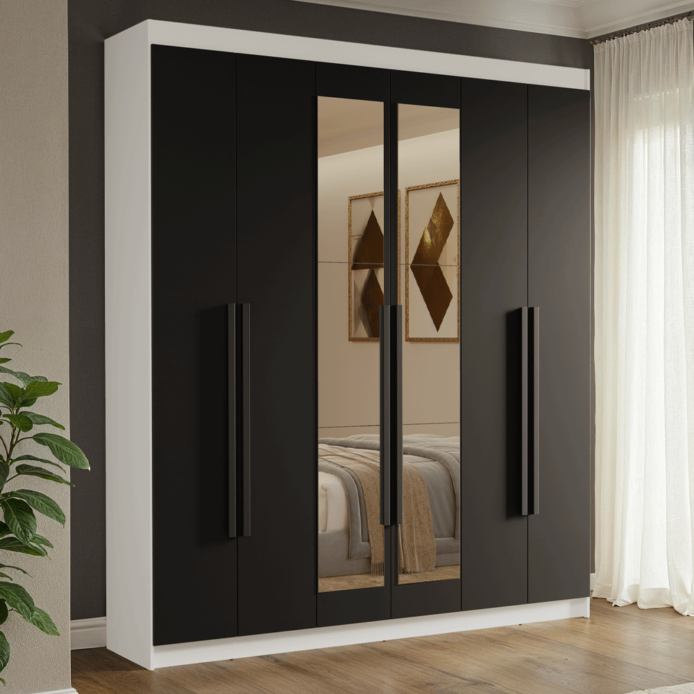 Guarda-Roupa Casal 6 Portas Batentes com Espelho Branco/Preto/Preto Venus Madesa