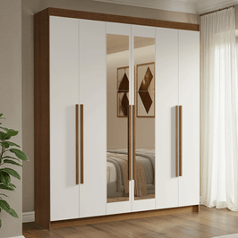 Guarda-Roupa Casal 6 Portas Batentes com Espelho Rustic/Branco/Rustic Venus Madesa