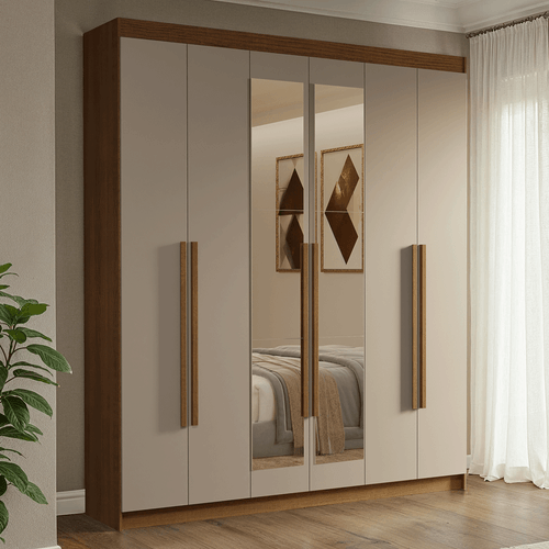 Guarda-Roupa Casal 6 Portas Batentes com Espelho Rustic/Crema/Rustic Venus Madesa