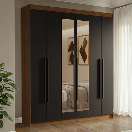 Guarda-Roupa Casal 6 Portas Batentes com Espelho Rustic/Preto/Preto Venus Madesa