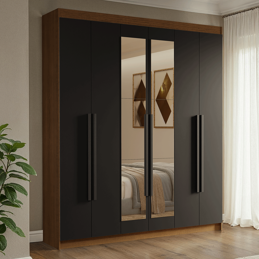 Guarda-Roupa Casal 6 Portas Batentes com Espelho Rustic/Preto/Preto Venus Madesa