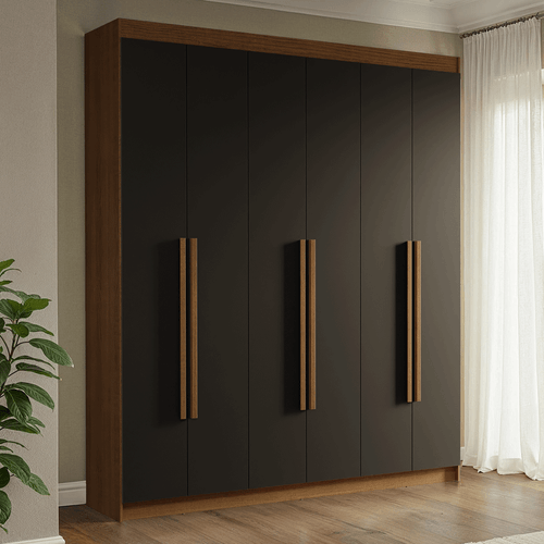 Guarda-Roupa Casal 6 Portas Batentes Rustic/Preto/Rustic Venus Madesa