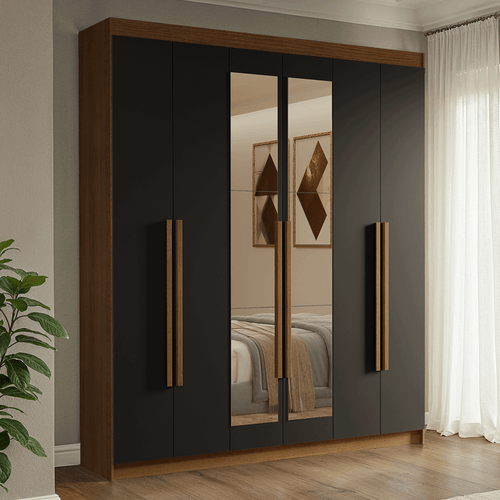 Guarda-Roupa Casal 6 Portas Batentes com Espelho Rustic/Preto/Rustic Venus Madesa