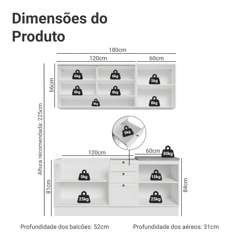 Armário de Cozinha Compacta 180 cm Branco Vik Madesa 03 - Madesa