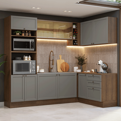 Armário de Cozinha Completa de Canto 399 cm Rustic/Cinza Vik