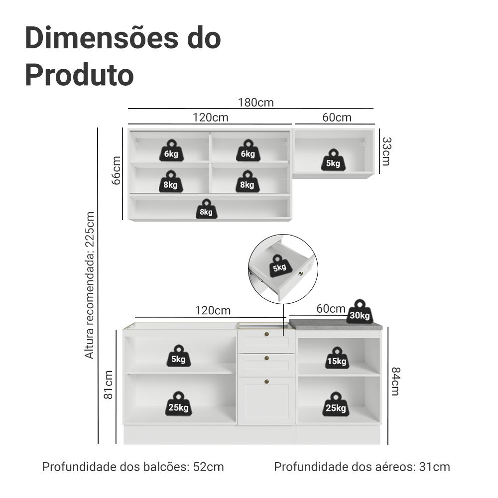 Armário de Cozinha Completa 180 cm Branco Vik Madesa 05 - Madesa